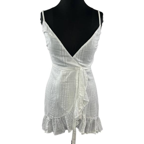 ASOS Design White Plaid Cotton V-Neck Ruffled Mini Wrap Dress Casual Cocktail 0 - Picture 1 of 8